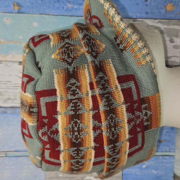 Pendleton Knit Hat Cap Tall with Brim Merino 100%Wool Red Southwestern Style - Picture 5 of 10